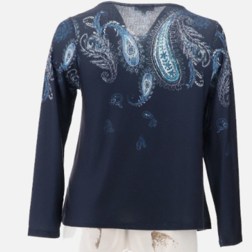 DG2 Diane Gilman Brushed Knit Border Print Swing Hem Top NAVY XS